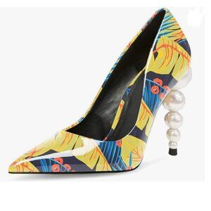 FSJ Autumn Pearl Beaded High Heel Slip On Pump Pointed Toe Classic Club Shoe